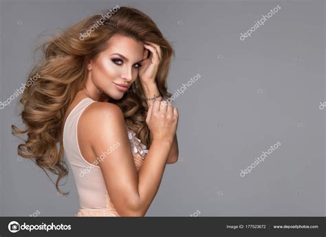 Sensual Beautiful Blonde Woman Posing In Shining Dress Girl Wit