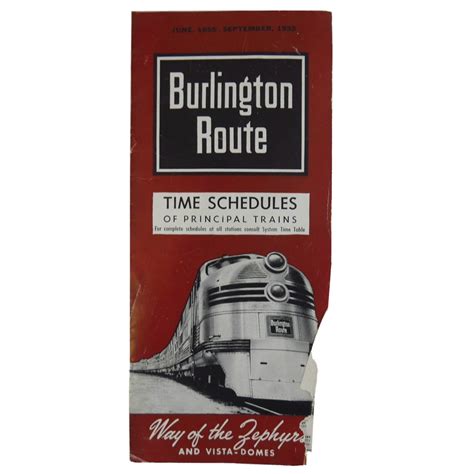 1955 Burlington Route Time Table Passenger Train Schedule Zephyrs Vista