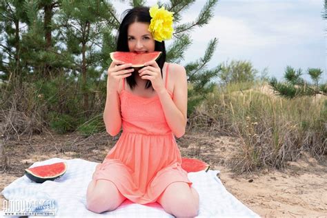 The Beautiful And Amazingly Sexy Brunette Teen Girl Enjoys Fresh Fruits While She Gets Naked And