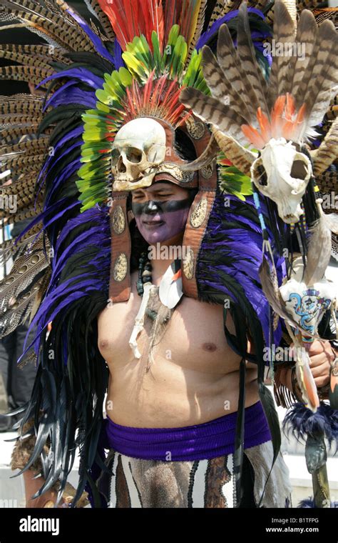 Mexican Man Dressed In Aztec Skull Costume At A Traditional Aztec