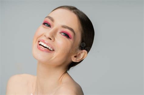 Cheerful Woman With Naked Shoulders And Stock Image Image Of Smiling