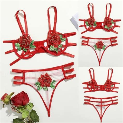 G String Rose Fleurs Broderie Bralette Cupless Dentelle Soutien Gorge Bustier Lingerie Rouge
