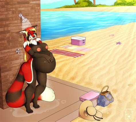 Rule 34 Ailurid Anthro Bathing Beach Belly Big Belly Blep Blonde Hair Blue Eyes Brown Body