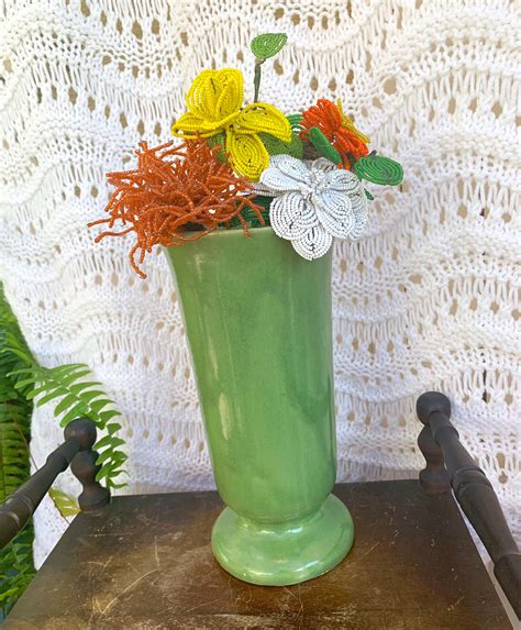 Vintage Usa Pottery Vase Tall Green Usa Vase Green Pottery Pedestal