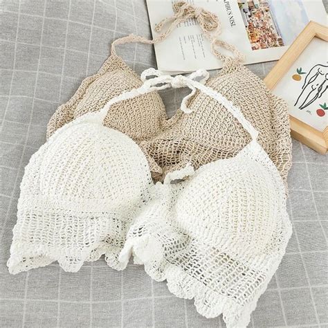 Set Áo Lưới Kèm Bra Len Móc Áo Lưới Đi Biển Hình Tim Cổ V Mặc Ngoài Bikini 2 Mảnh Đi Biển Có