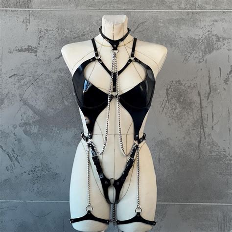 Leather Lingerie Body Harness Full Body Harness Sexual Leather Bodysuit With Chains BDSM Harness