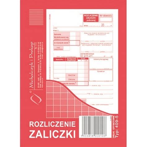 DRUK OFFSETOWY ROZLICZENIE ZALICZKI A6 40 KARTEK 5906858000108 Cena