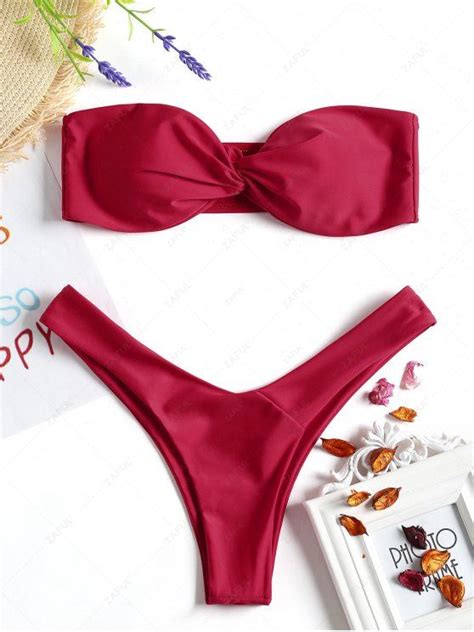 Twist Front Bandeau Thong Bikini RED Bikinis S ZAFUL