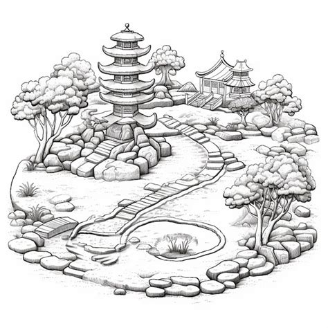 Premium Ai Image A Drawing Of A Japanese Garden With A Pagoda And A