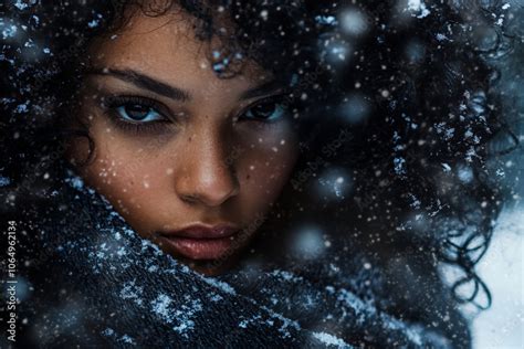 Close Up Portrait Of A Very Beautiful Brunette Woman With A Relaxed Face Outdoors In Winter