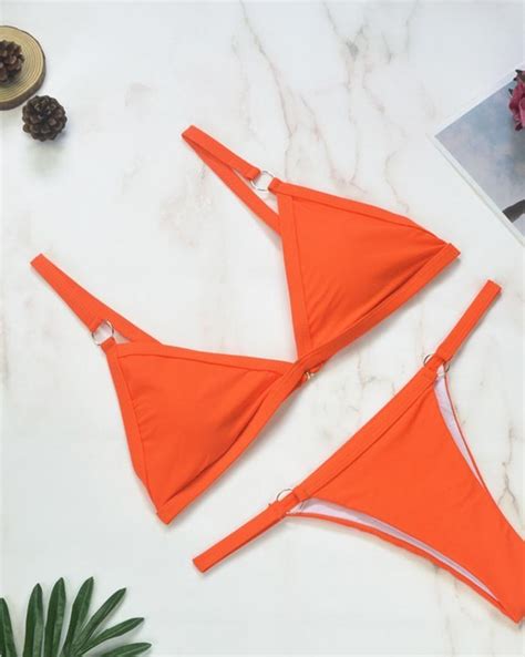 Emmiol Free Shipping O Ring Hit Color Triangle Neon Bikini Micro Bikini Orange Red S In
