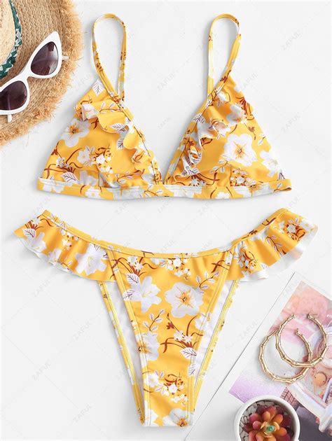 OFF ZAFUL Bikini Floral Con Volantes En Amarillo Brillante ZAFUL América Latina