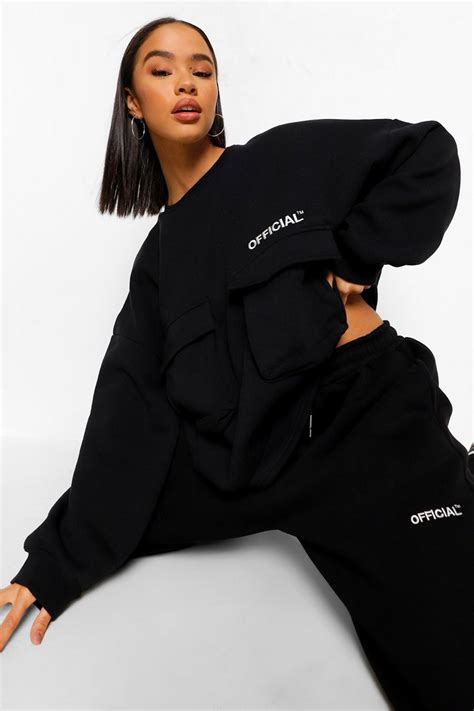 Black Oversized Slogan Utility Pocket Sweater Boohoo Uk