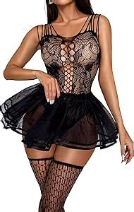 RSLOVE Women S Lingerie Babydoll Bodysuit Exotic Lace Teddy With Fishnet Thigh High Stockings