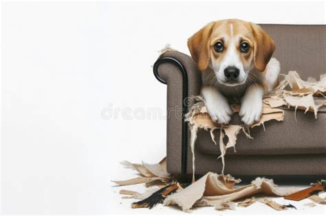 Dog Chewed And Destroyed The Sofa And Sits On It A Portrait Of A