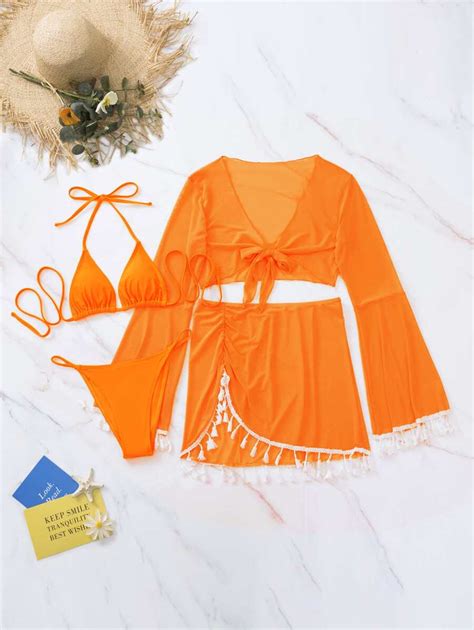 Shein Swim Bohofeel Mono Bikini Set Lace Up Halter Micro Bra Thong Tie Front Cover Up Top