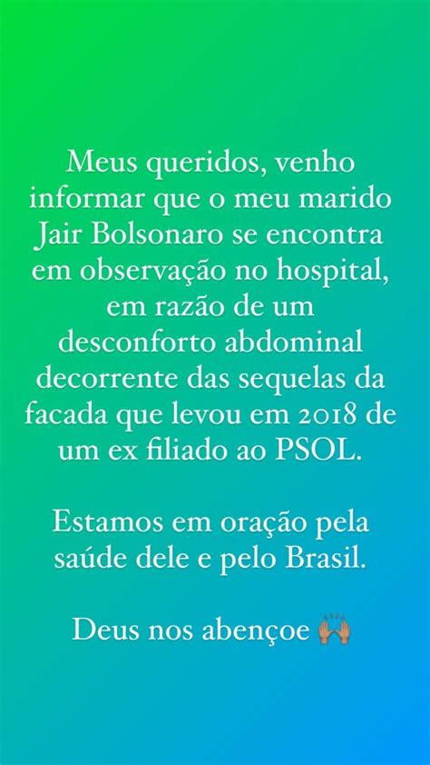 Michelle Bolsonaro Se Manifesta Após Internação De Bolsonaro