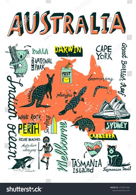 Illustrated Handdrawn Typography Poster Attractions Australia Stock