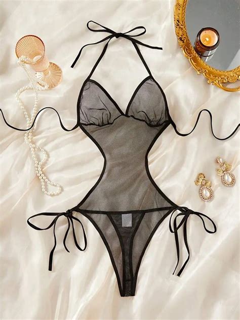 Pc Women S Mesh Drawstring Sexy Lingerie Transparent Tight Fitting Bodysuit One Piece Bodysuit