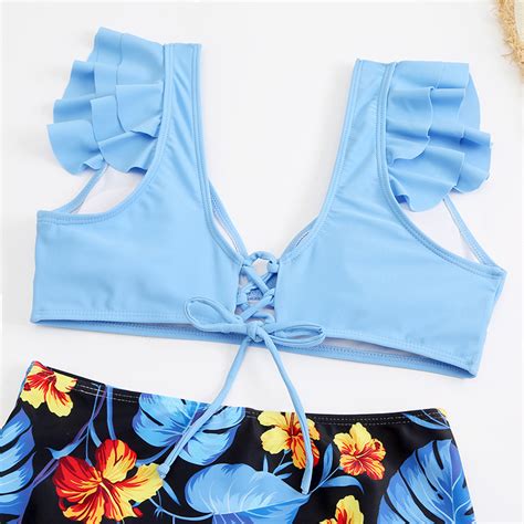 Beach Women High Waist Bathing Suit Ruffled Bikini Tops Floral Bottom