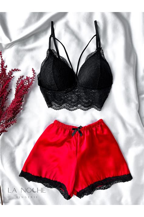 La Noche Lingerie Kadın Kırmızı Saten Şortlu Bralet Gecelik Takım Fiyatı Yorumları Trendyol