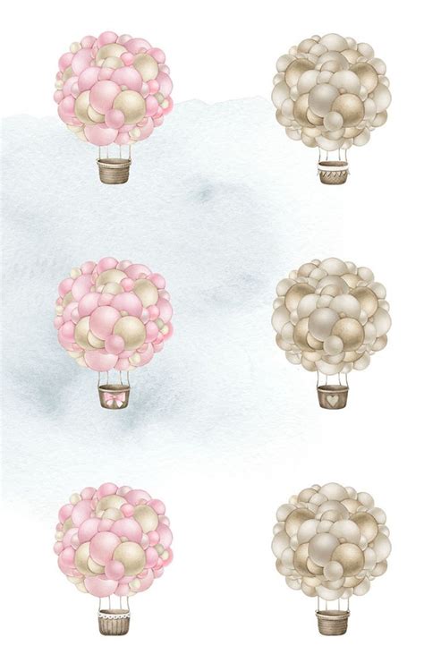 Hot Air Balloons Set Baby Shower Clipart Pink Blue Brown Neutral Colors Clipart PNG