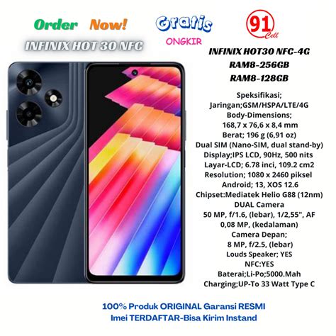 Jual Infinix Hot 30 NFC Ram8 8 128gb Extended 8Gb Chipset Game Mediatex Helio G88 Baterai