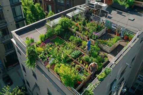 Rooftop Garden With Diverse Plants On Urban Apartment Building Stock