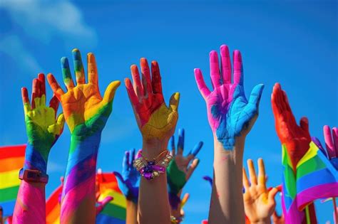 Premium Photo Rainbow Colored Hands Raised Up Gay Pride LGBT Concept LGBT Rainbow Flag