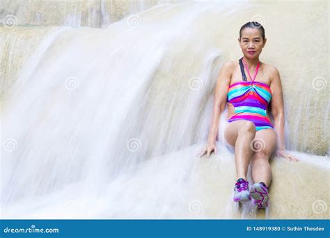 Woman Happy On Waterfall With Bikini Stock Photo Image Of Kanchanaburi Girls 148919380