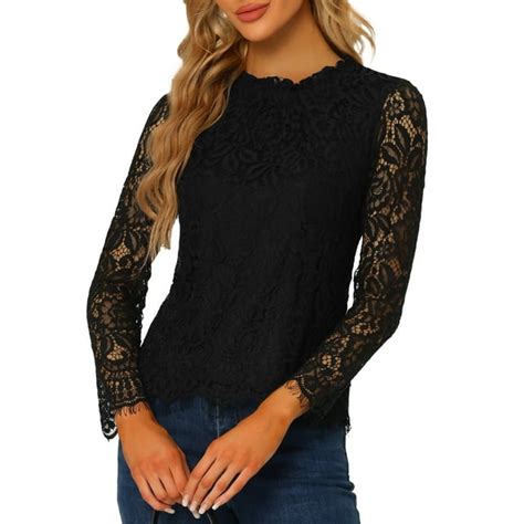 Allegra K Womens Ruffle Round Neck Long Sleeves Mesh Lace Floral Blouse