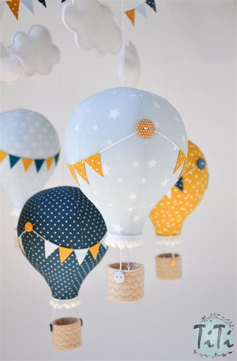 Hot Air Balloon Baby Mobile Baby Blue Mustard Yellow Dark Etsy