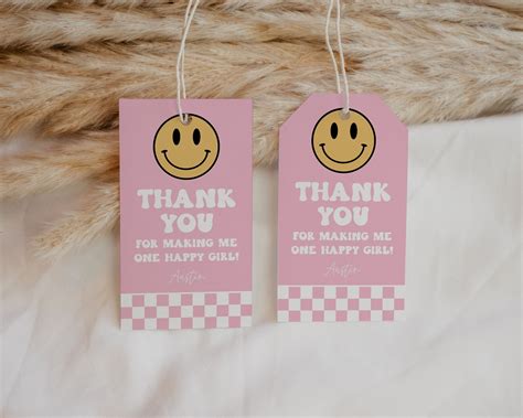 Editable Pink Smiley Face Birthday Party Favor Tag, One Happy Girl
