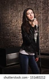 Sexy Rock Babe Leather Jacket Singing Stock Photo Edit Now Shutterstock