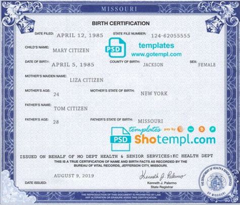 Usa Missouri State Birth Certificate Template In Psd Format Fully