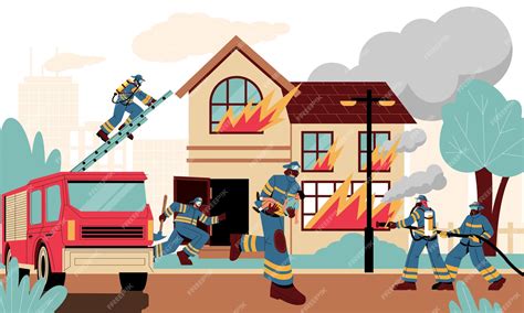 Premium Vector Firefighters At Burning House Fireman Characters