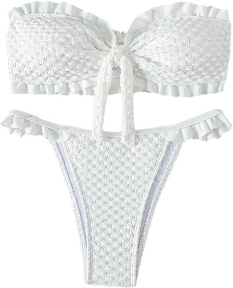 Amazon SHENHE Women S Ruffle Trim Strapless Swimsuits Tie Front Tube Top Bandeau Bikini Set