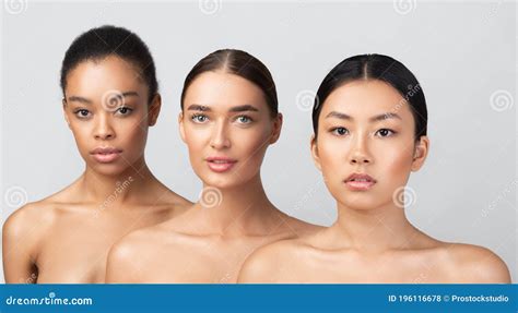 Three Women Posing Naked Standing In Studio On Gray Background Stock Photo Image Of Korean