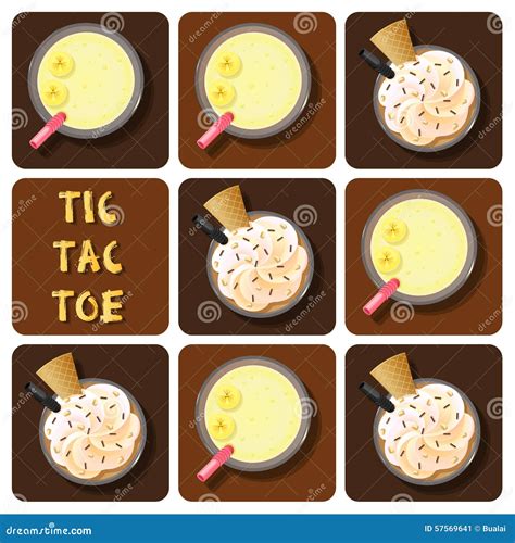 Tic Tac Toe Of Coffee Or Chocolate Frappe And Banana Smoothie Stock
