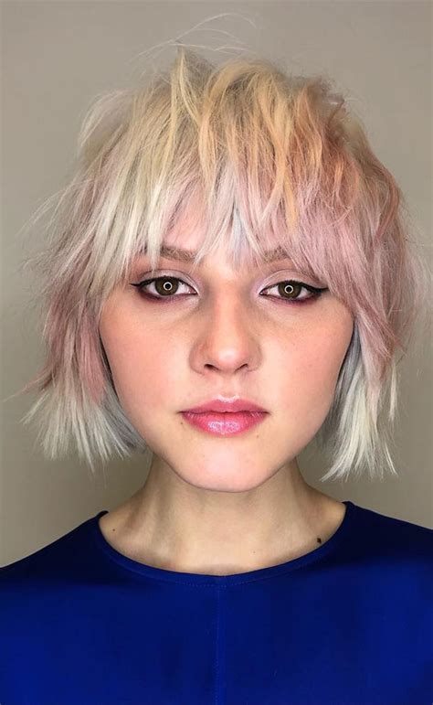 Best Short Hair With Bangs Blonde Pink Messy Bob With Bangs