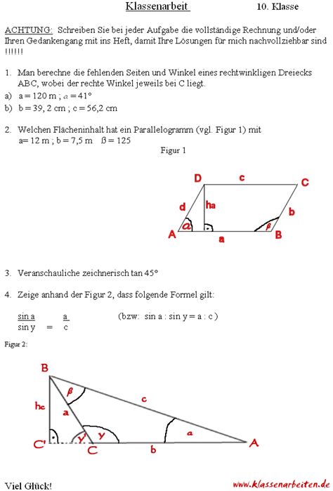Mathematik Klassenarbeit Klasse 10 Trigonometrie