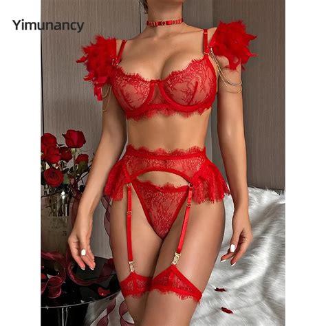 Yimunancy Further Luxury Sexy Lingerie Set Women Piece Choker Off Shoulder Lace Erotic Set