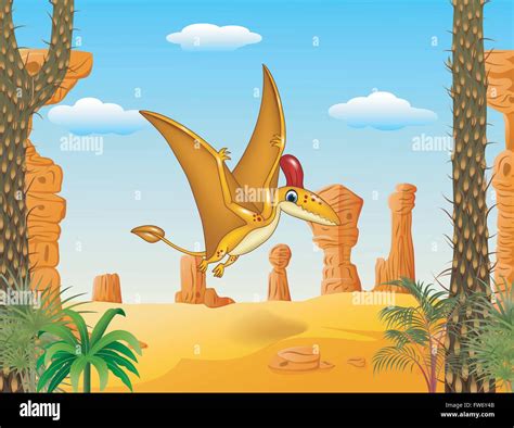 Cartoon Funny Pterodactyl Flying With Prehistoric Background Stock