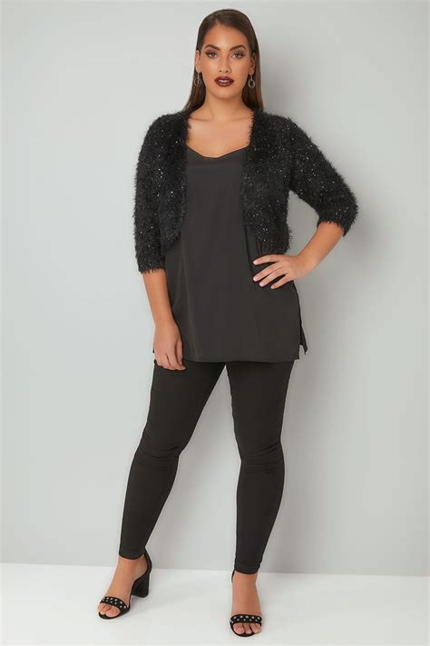 Black Sequin Embellished Eyelash Shrug Plus Size 16 To 36