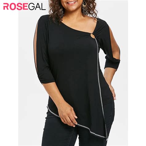 Rosegal Plus Size T Shirt Women Skew Collar 34 Split Sleeve Asymmetric T Shirts Ladies Tops