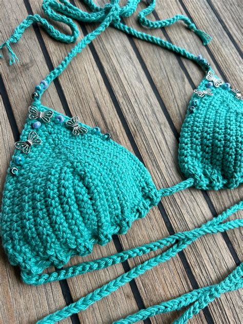 Turquoise Beaded Butterfly Crochet String Bikini Top Etsy