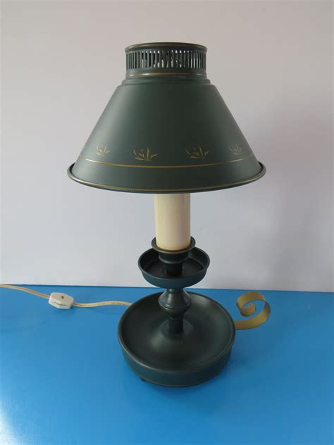 Vintage Toleware Metal Table Lamp With Toleware Metal Shade Dark Green