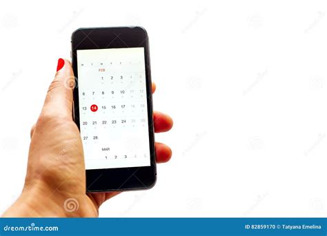 Kvinnahand Med Telefonen, Kalender På Datumet För Dag För Valentin` S