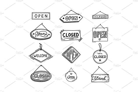 Open Signs Doodle Thin Line Icons Photoshop Graphics Creative Market