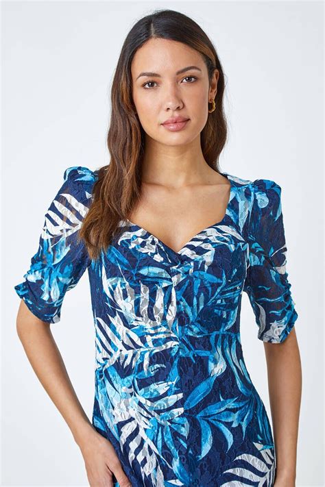 Roman Leaf Print Puff Sleeve Midi Dress In Navy 12 Female